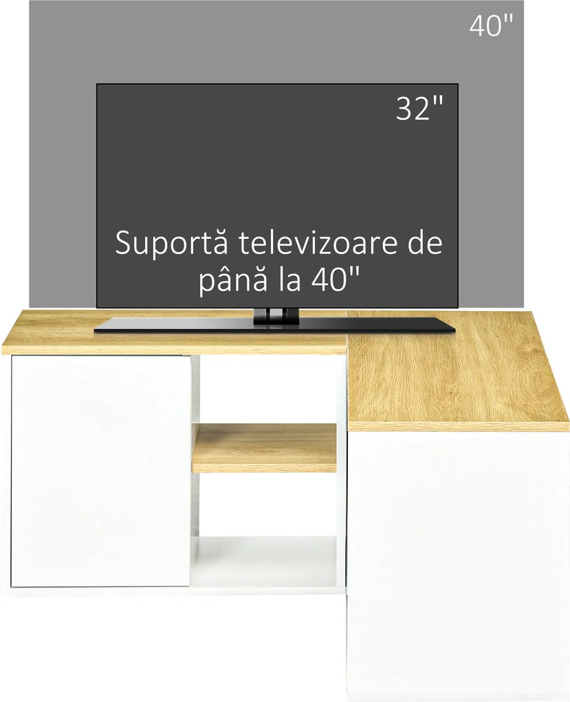 Dulap TV în formă de L pentru televizor de 40" cu 3 rafturi deschise și 2 dulapuri, din PAL, 90x90x45 cm, stejar și alb HOMCOM | Aosom RO
