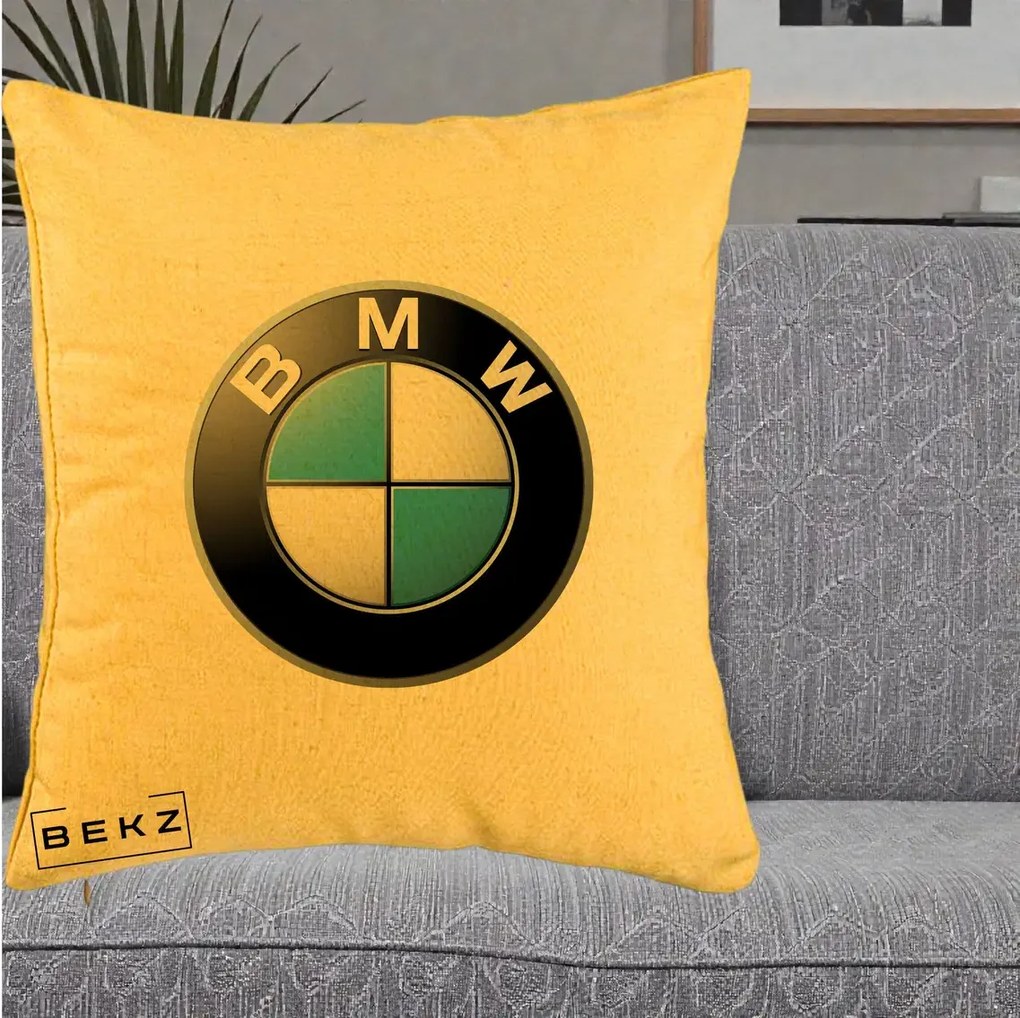 Perna Personalizata cu emblema BMW, 40x40 cm, Galben, Husa Detasabila, Perna Inclusa, BEKZ®