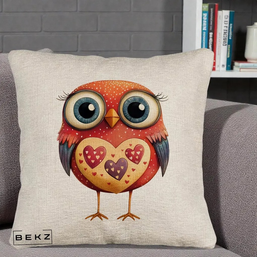 Perna Decorativa Bufnita Rosie cu Inimi Aurii, 40x40 cm, Bej Canapea, Husa Detasabila, Perna Inclusa, BEKZ®