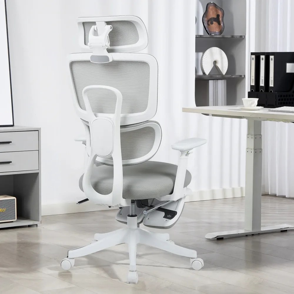 Scaun Ergonomic Premium cu Suport pentru Picioare, Reclinare 145°, Tetieră Reglabilă, Cotiere 3D, Suport Lombar Elastic și Șezut cu adâncime reglabilă, Gri