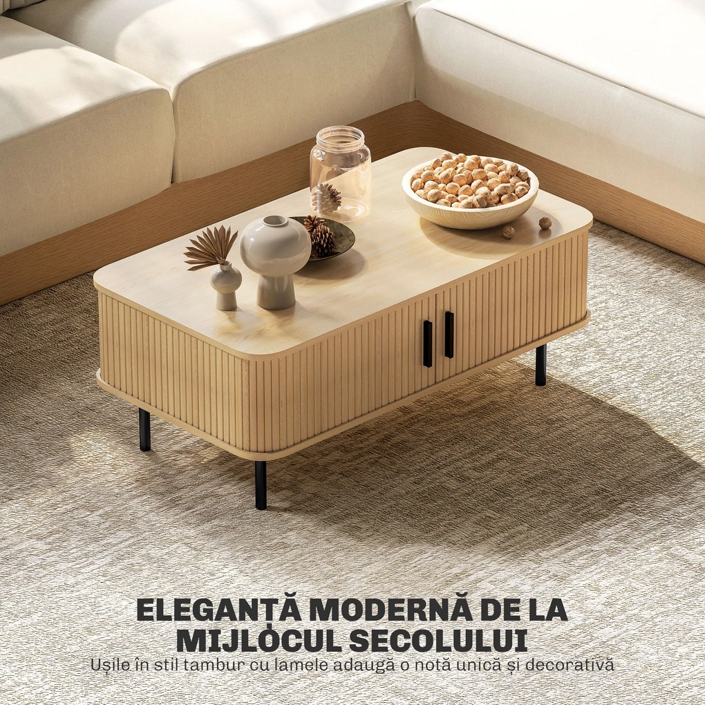 HOMCOM Măsuță de Cafea cu 2 Rafturi pentru Obiecte, Uși Culisante și Măsuță din Lemn și Oțel, 100x55x40 cm, Lemn Natural | Aosom Romania