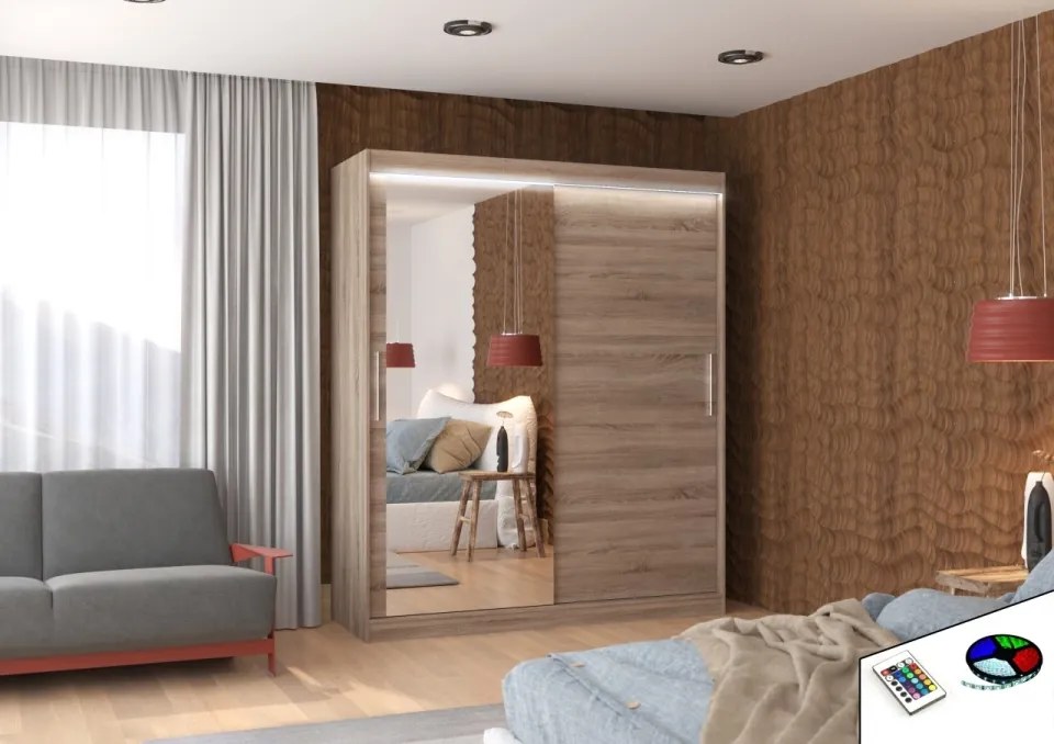 Dulap cu usi glisante si oglinda + iluminare LED, Tom 180 + LED, 180 cmx200 cmx58 cm, ADRK Furniture (Culoare: Negru)