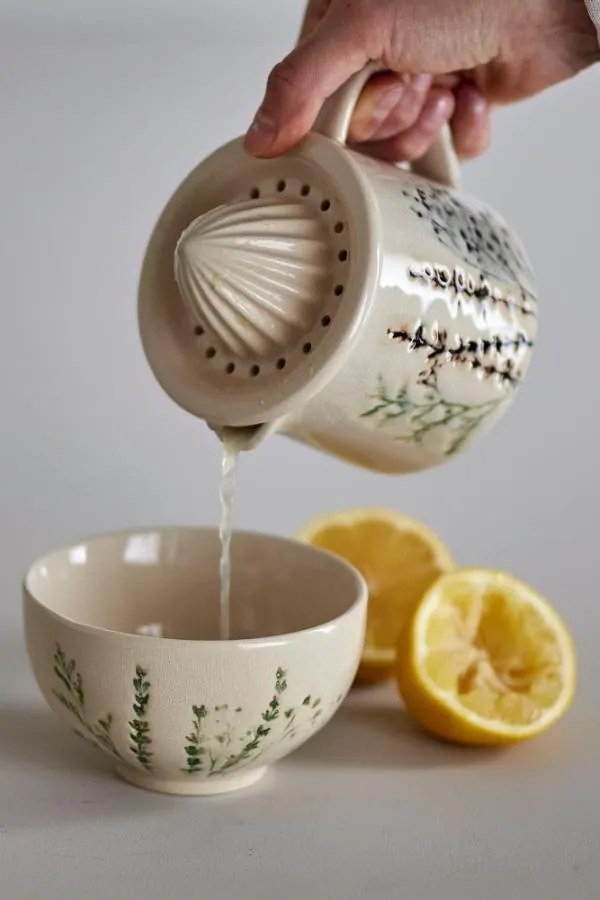 Bol din ceramică, natur, cu ilustrații botanice pictate manual, 11.5x6.5 cm, „Bea"