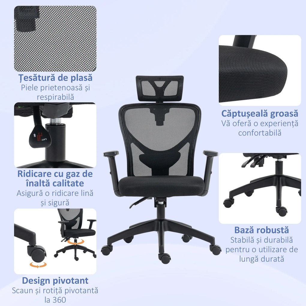 Vinsetto Scaun Birou Ergonomic, Scaun Ergonomic cu Suport Lombar si Tetiera, 66x61x106-116cm Negru | Aosom Romania