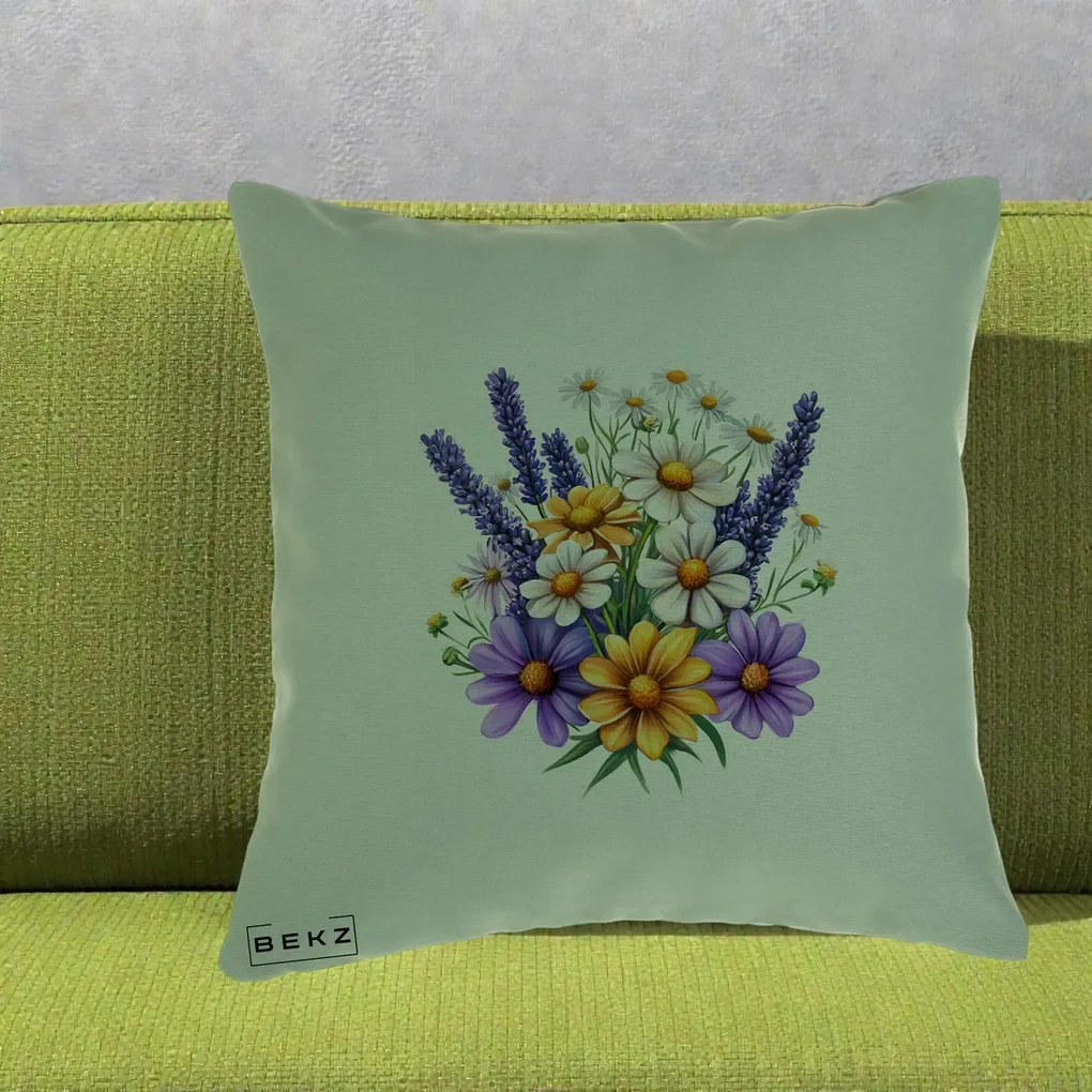 Perna Decorativa Lavanda Musetel si Flori Mov, 40x40 cm, Verde, Husa Detasabila, Perna Inclusa, BEKZ®