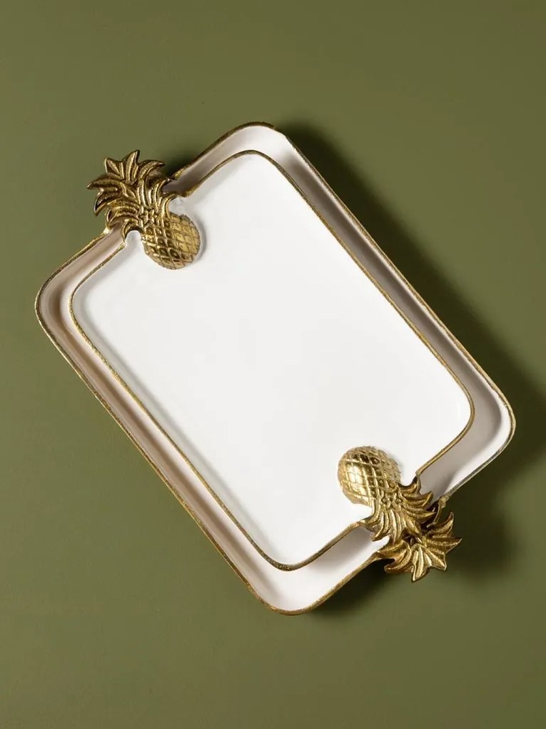 Set 2 tăvi albe din aluminiu cu mânere ananas, 51×30 cm