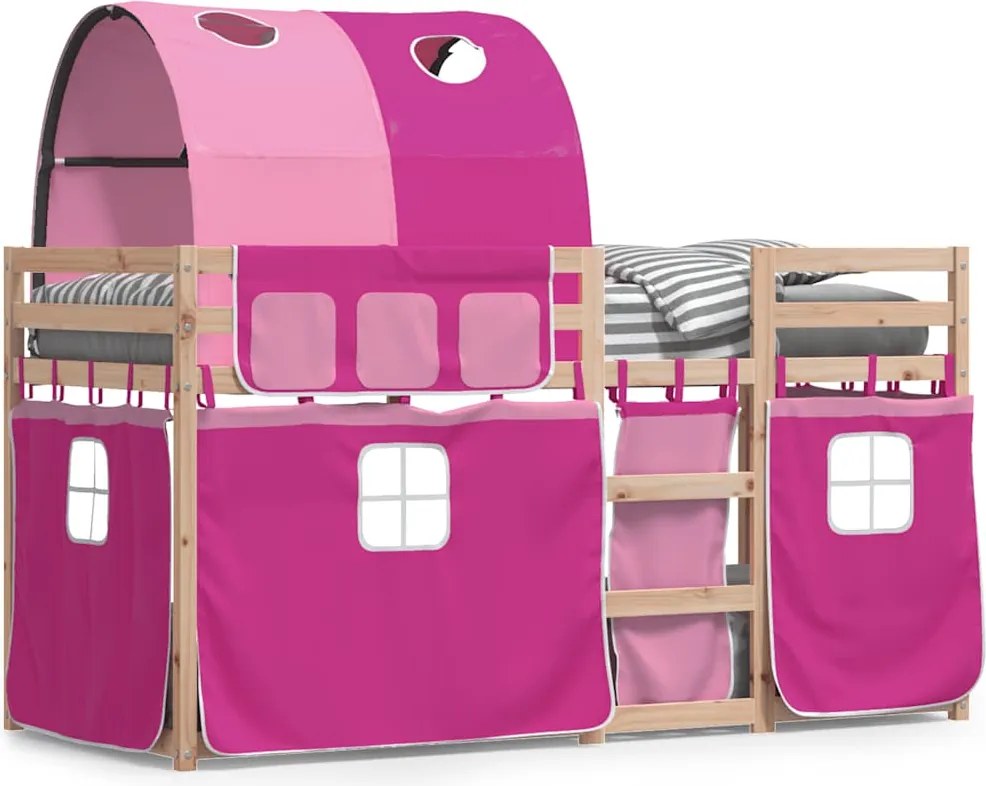 vidaXL Pat supraetajat cu perdele, roz, 90x190 cm, lemn masiv pin