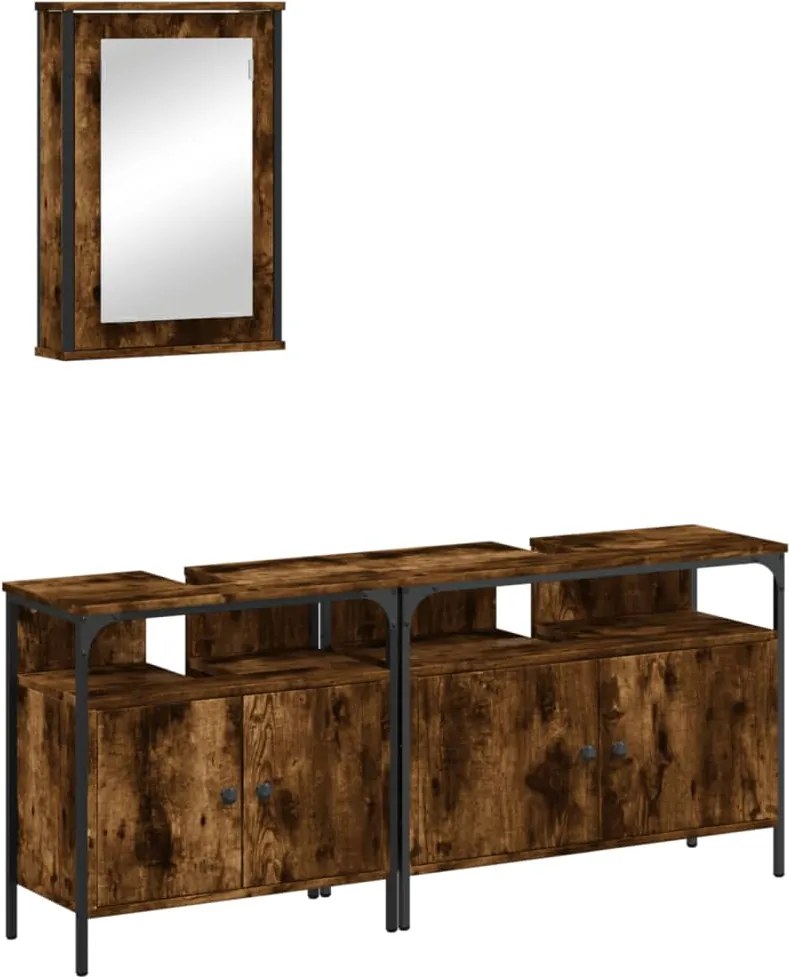 vidaXL Set mobilier de baie, 3 piese, stejar fumuriu, lemn prelucrat