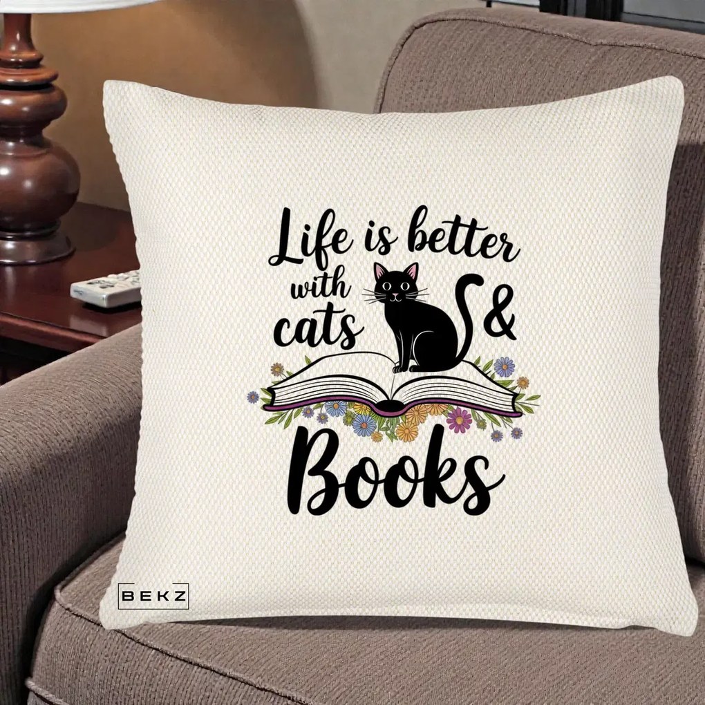 Perna Personalizata Life is Better Cats and Books, 40x40 cm, Crem Reliefat, Husa Detasabila, Perna Inclusa, BEKZ®