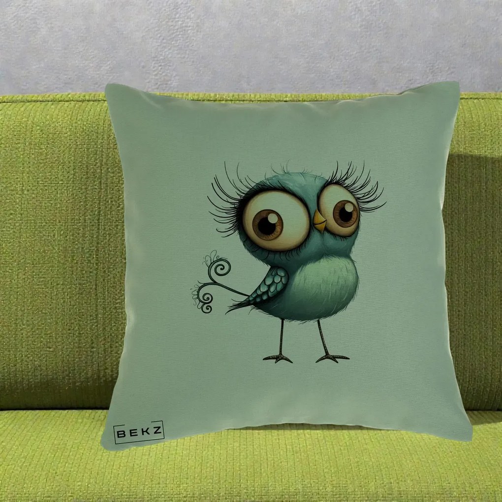 Perna Decorativa Pasare Teal cu Gene si Coada Spiralata, 40x40 cm, Verde, Husa Detasabila, Perna Inclusa, BEKZ®