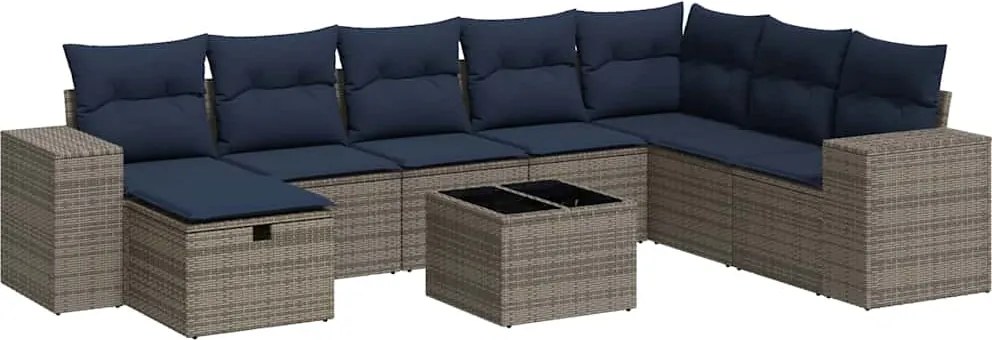 vidaXL Set canapele de grădină, 9 piese, cu perne, gri, poliratan