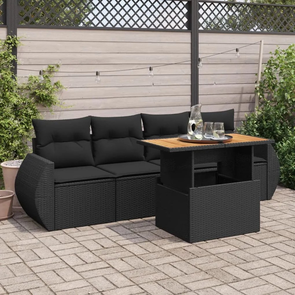 3327205 vidaXL Set mobilier de grădină cu perne, 5 piese, negru, poliratan