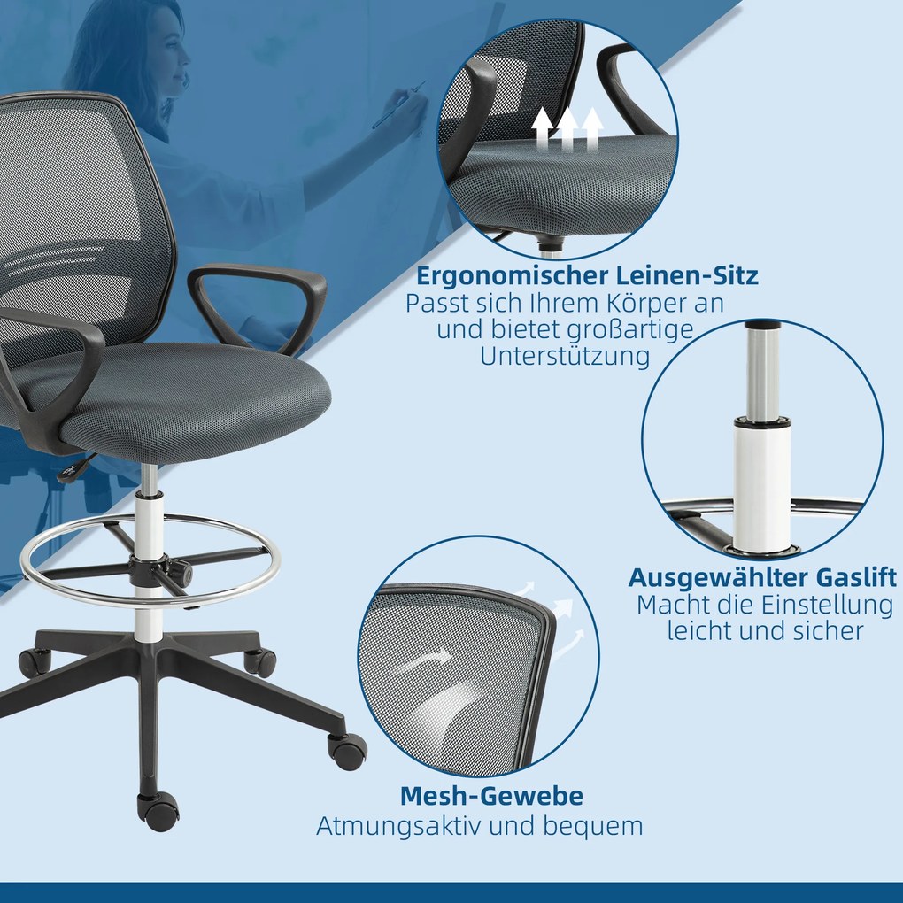 Vinsetto Scaun de birou ergonomic cu brațe și inel reglabil pentru picioare, plasă gri | Aosom Romania