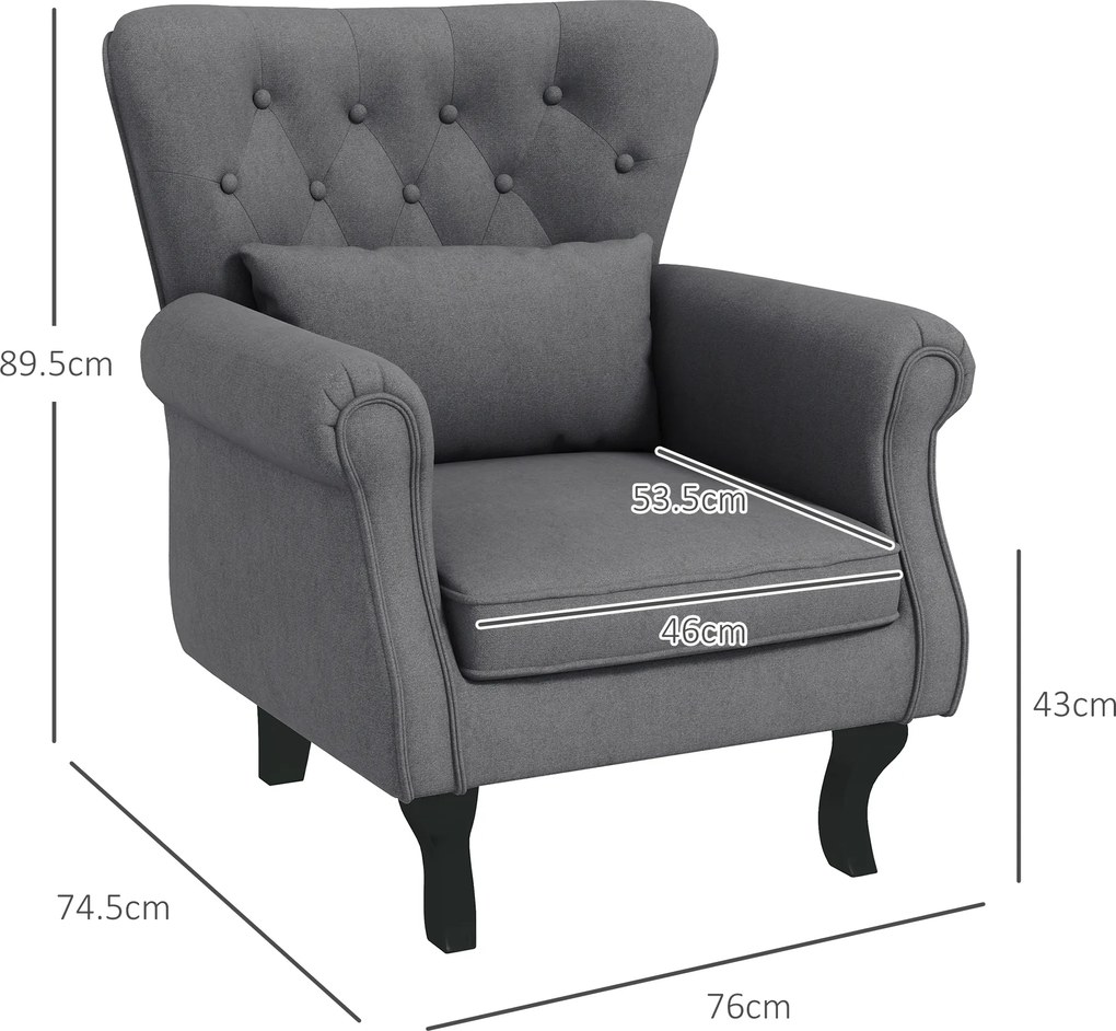 HOMCOM Fotoliu Vintage cu Spătar, Fotoliu Tapițat pentru Șemineu cu Pernă, Spătar Capitonat și Brațe Rulate,  76x74,5x89,5 cm, Gri | Aosom Romania