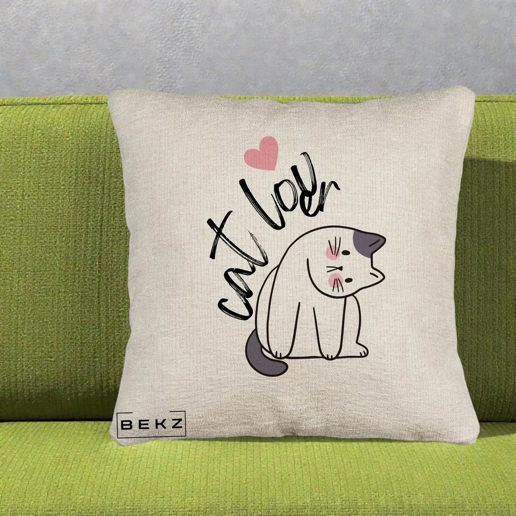 Perna Personalizata Cat Lover Pisica Ilustratie Linie, 40x40 cm, Bej Canapea, Husa Detasabila, Perna Inclusa, BEKZ®