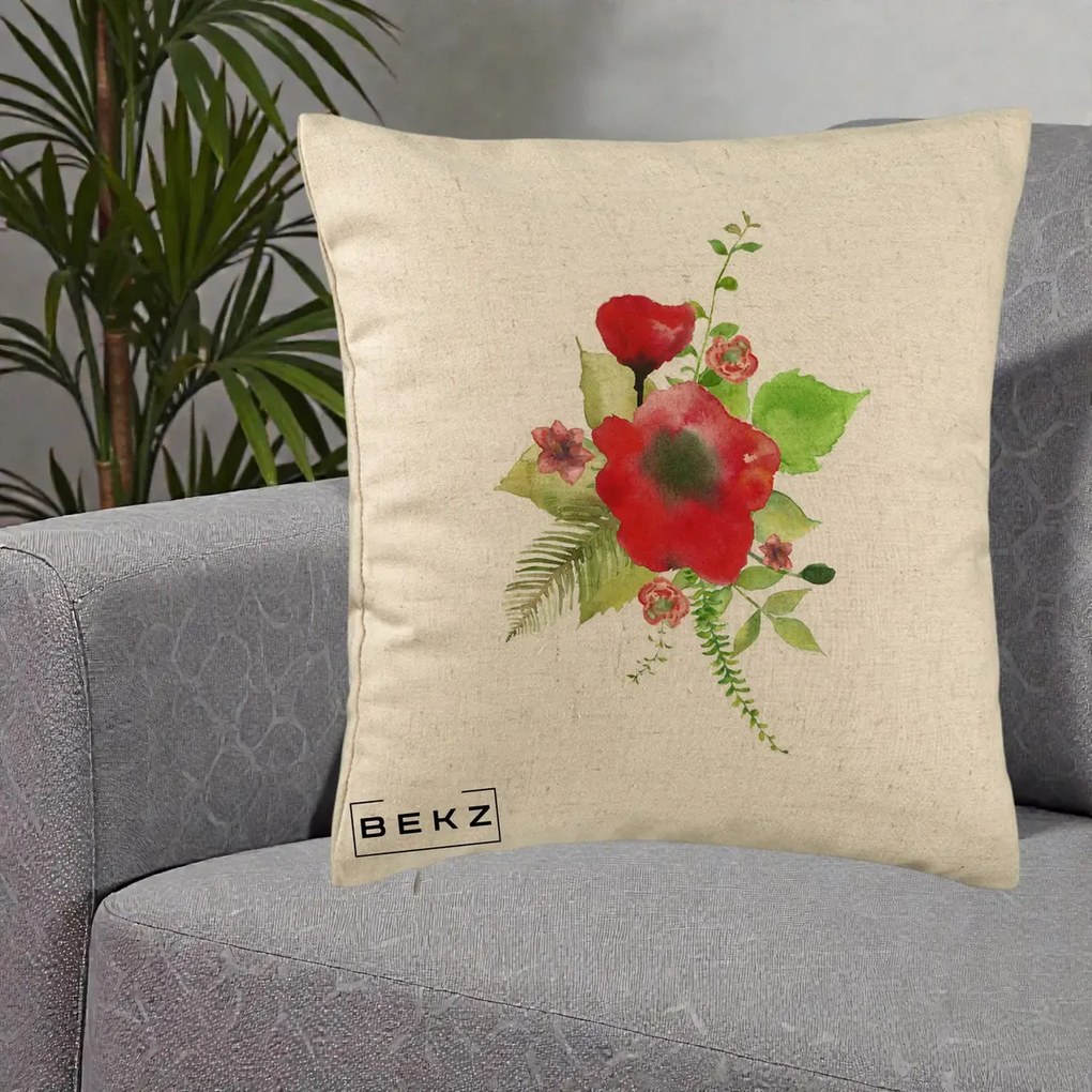 Perna Decorativa Buchet Rosu Acuarela, 40x40 cm, Bej, Husa Detasabila, Perna Inclusa, BEKZ®