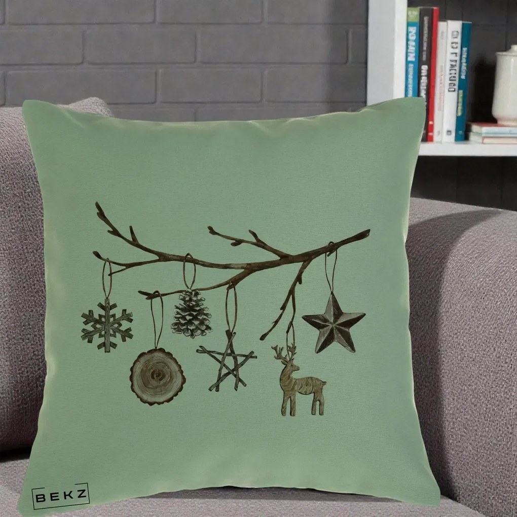 Perna Decorativa Ornamente de Lemn pe Ramura, 40x40 cm, Verde, Husa Detasabila, Perna Inclusa, BEKZ®