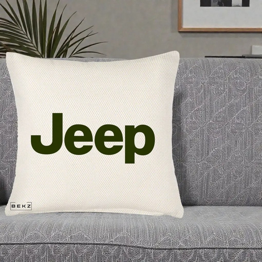 Perna Personalizata cu emblema Jeep, 40x40 cm, Crem Reliefat, Husa Detasabila, Perna Inclusa, BEKZ®