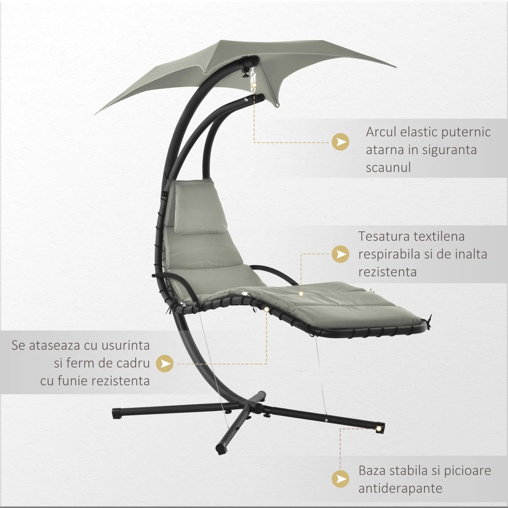 Outsunny Sezlong Suspendat cu Acoperiș, Relaxare de Lux, Design Modern, Confortabil, Gri, Perfect pentru Exterior | Aosom Romania
