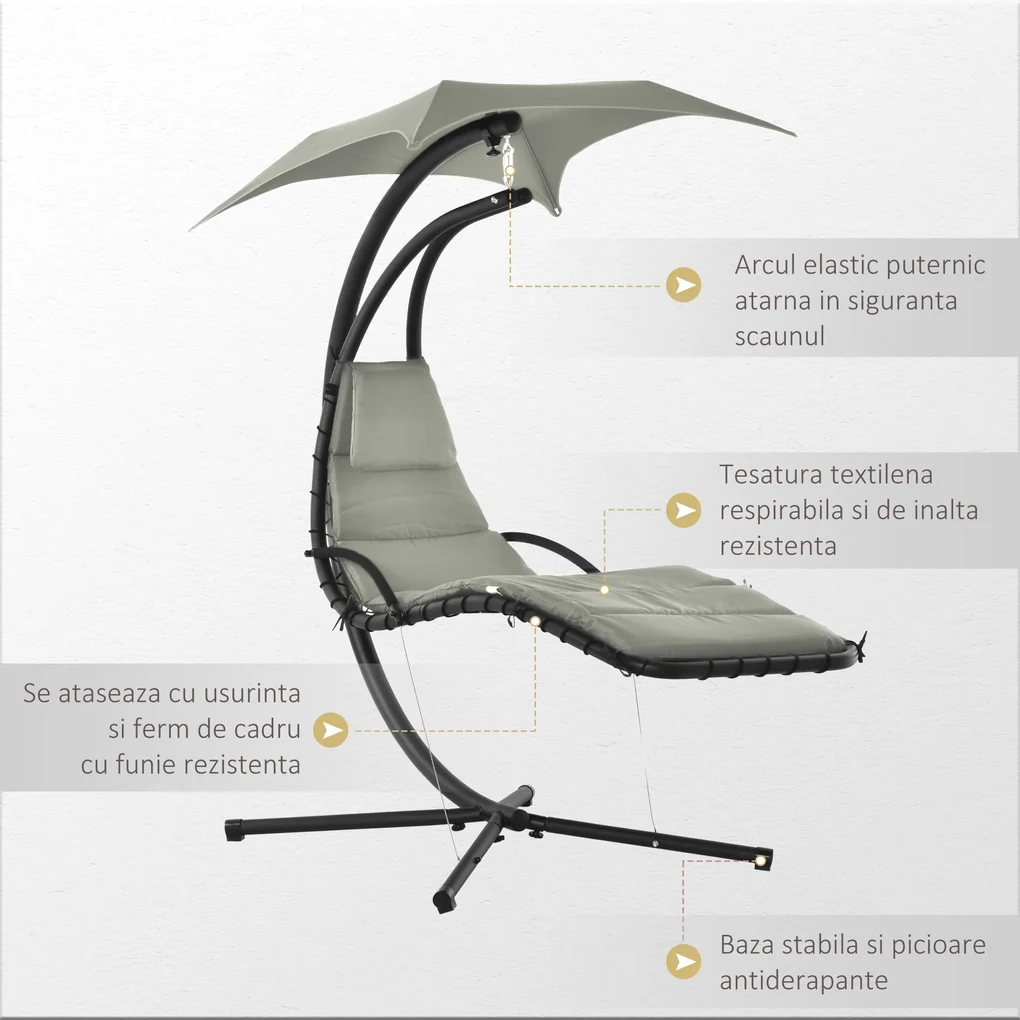 Outsunny Sezlong Suspendat cu Acoperiș, Relaxare de Lux, Design Modern, Confortabil, Gri, Perfect pentru Exterior | Aosom Romania