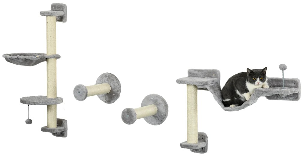 PawHut Copac de pisici complet pe perete cu 4 piese hamac, panglică, platformă de sărit, stâlp din sisal și scară pluș gri | Aosom Romania