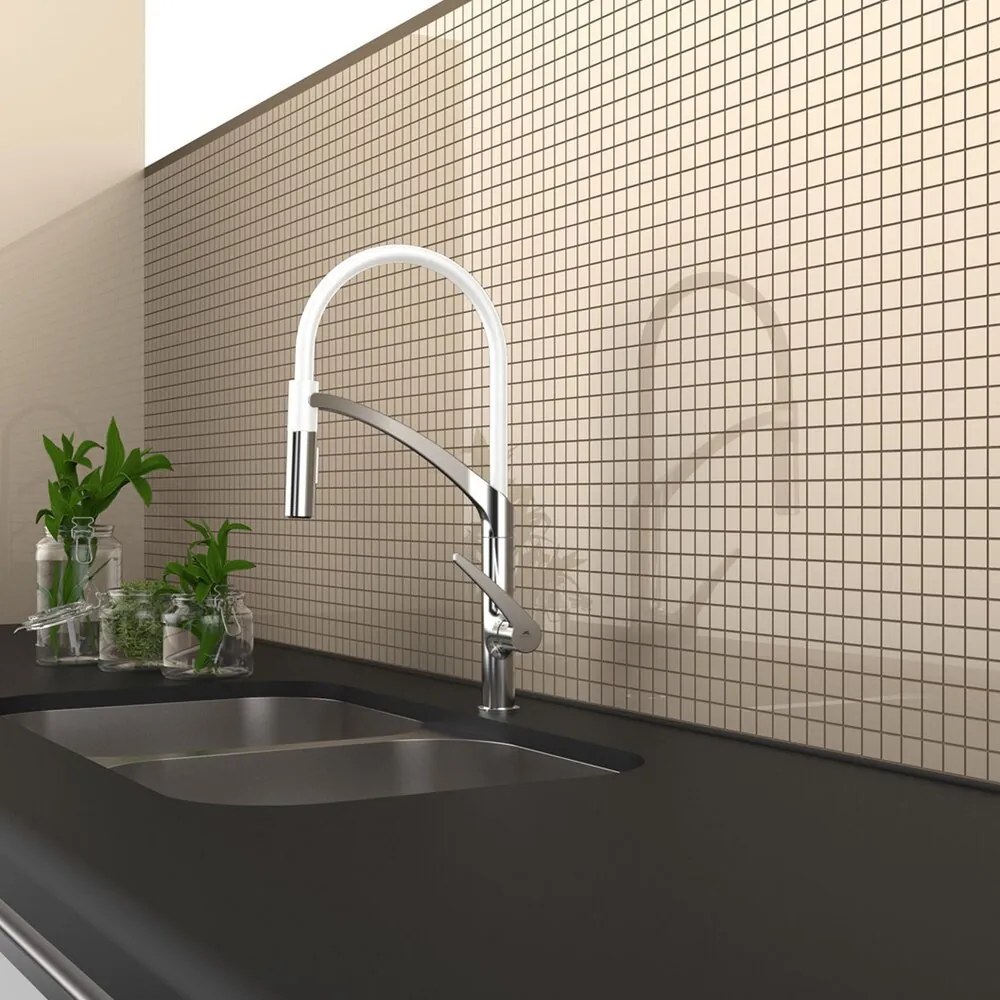 Baterie bucatarie cu pipa flexibila Rubineta Ultima finisaj crom lucios-alb mat