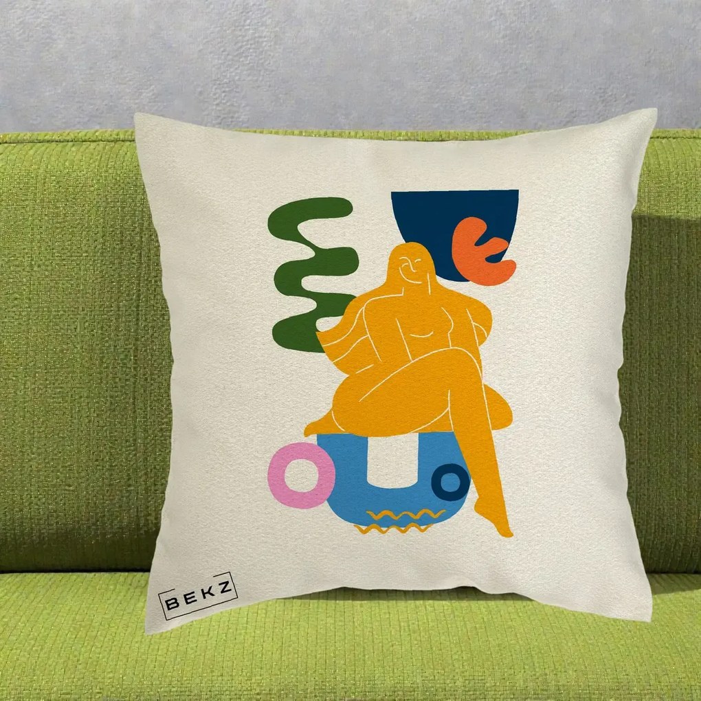 Perna Decorativa Femeie Relaxata Abstract, 40x40 cm, Ecru, Husa Detasabila, Perna Inclusa, BEKZ®