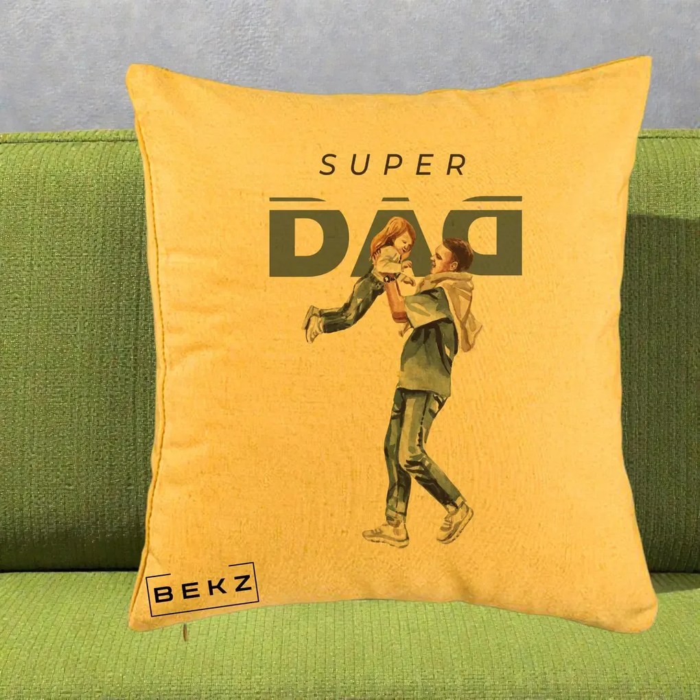 Cadou pentru Tata - Perna Personalizata Super DAD Tata si Fiica, 40x40 cm, Galben, Husa Detasabila, Perna Inclusa, BEKZ®