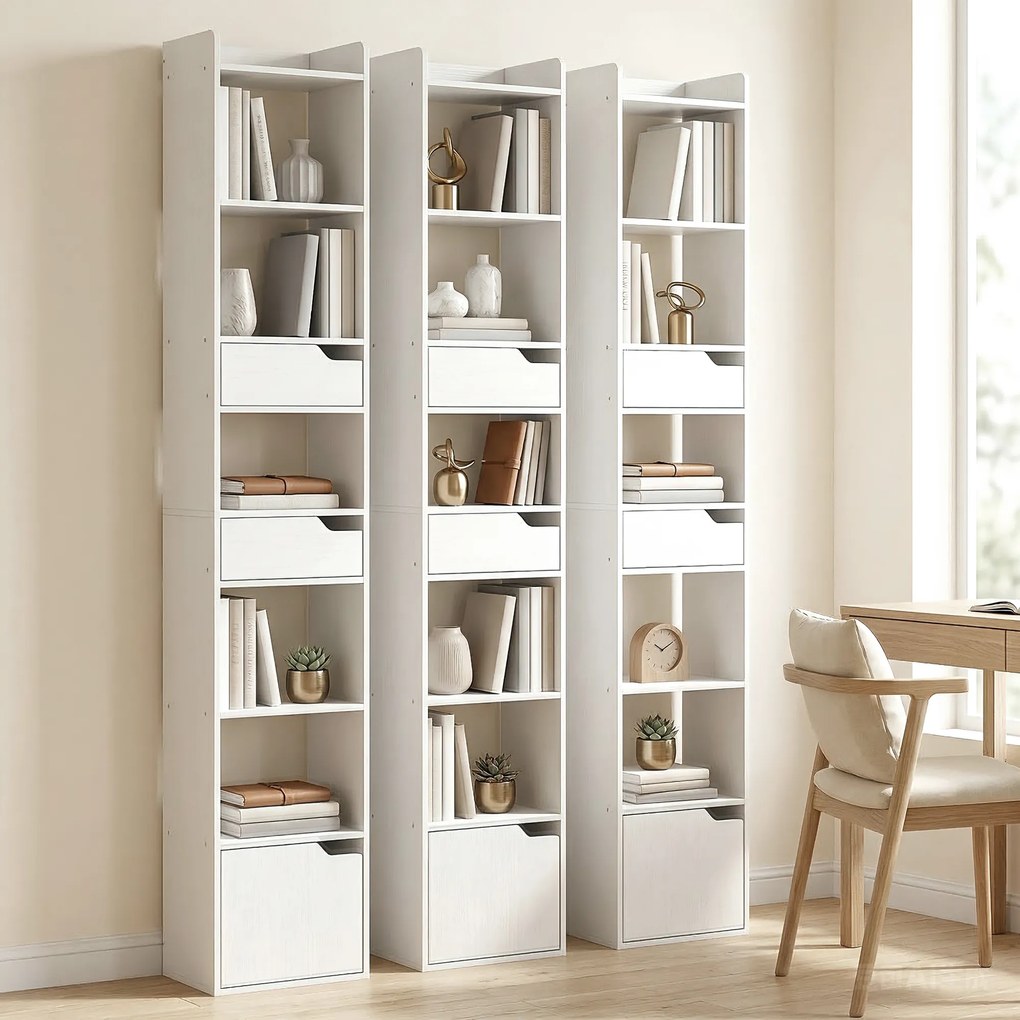 HOMCOM Bibliotecă verticală cu 6 rafturi, 2 sertare și dulap, alb efect lemn | Aosom Romania
