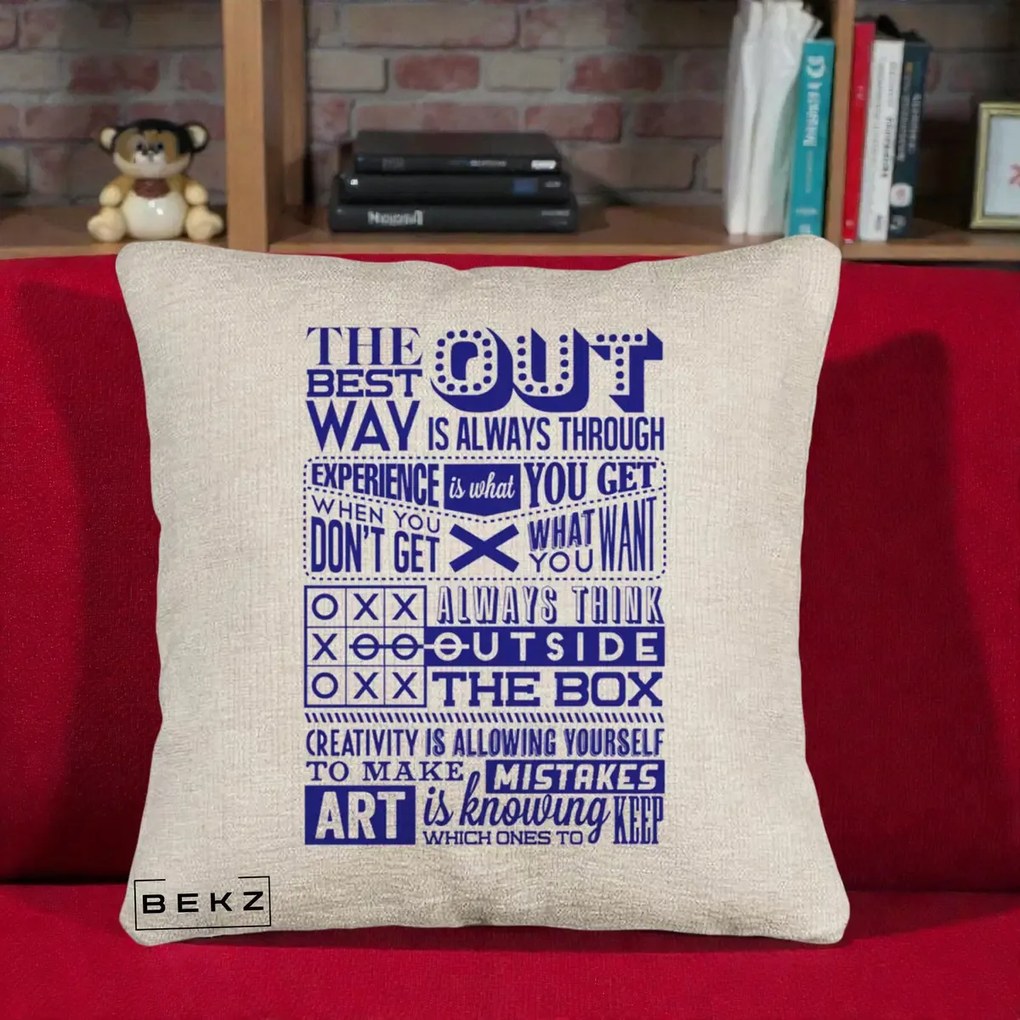 Perna Decorativa Citate Creativitate Albastru, 40x40 cm, Bej Canapea, Husa Detasabila, Perna Inclusa, BEKZ®
