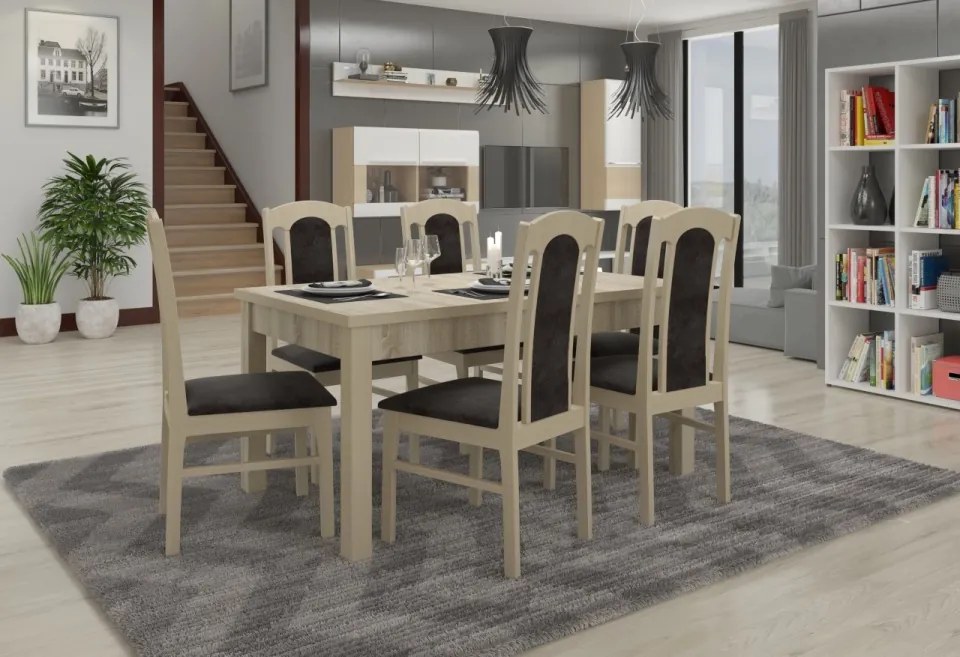 Set de masa extensibila si 6 scaune tapitate, RODOS 53, ADRK Furniture (Culoare: Nuc inchis)