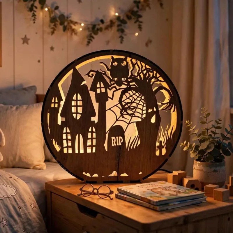 Lampă de Halloween din lemn - Casă bântuită cu bufniță | DRACO