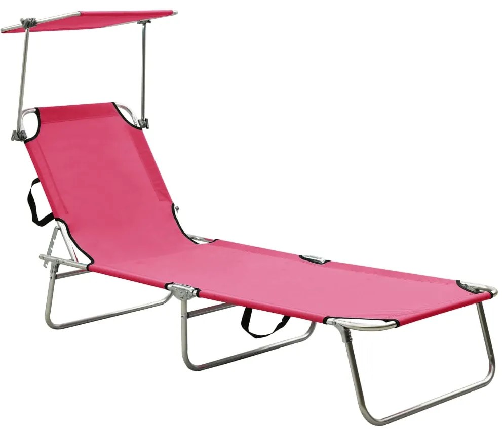 vidaXL Șezlong pliabil cu copertină, roz, aluminiu