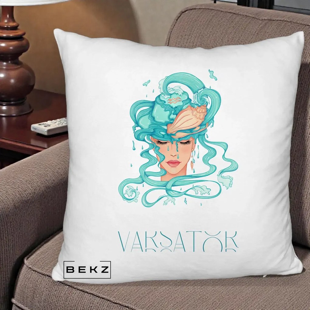 Perna Personalizata Zodiac Varsator Cowgirl, 40x40 cm, Alb Pufos, Husa Detasabila, Perna Inclusa, BEKZ®