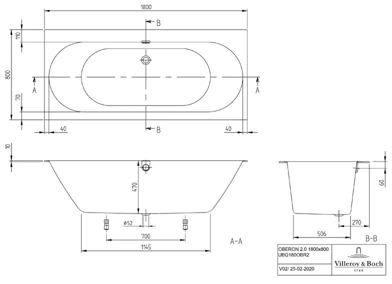 Cada pentru inzidire Villeroy & Boch, Oberon, dreptunghiulara, 180 x 80 cm, alb alpin