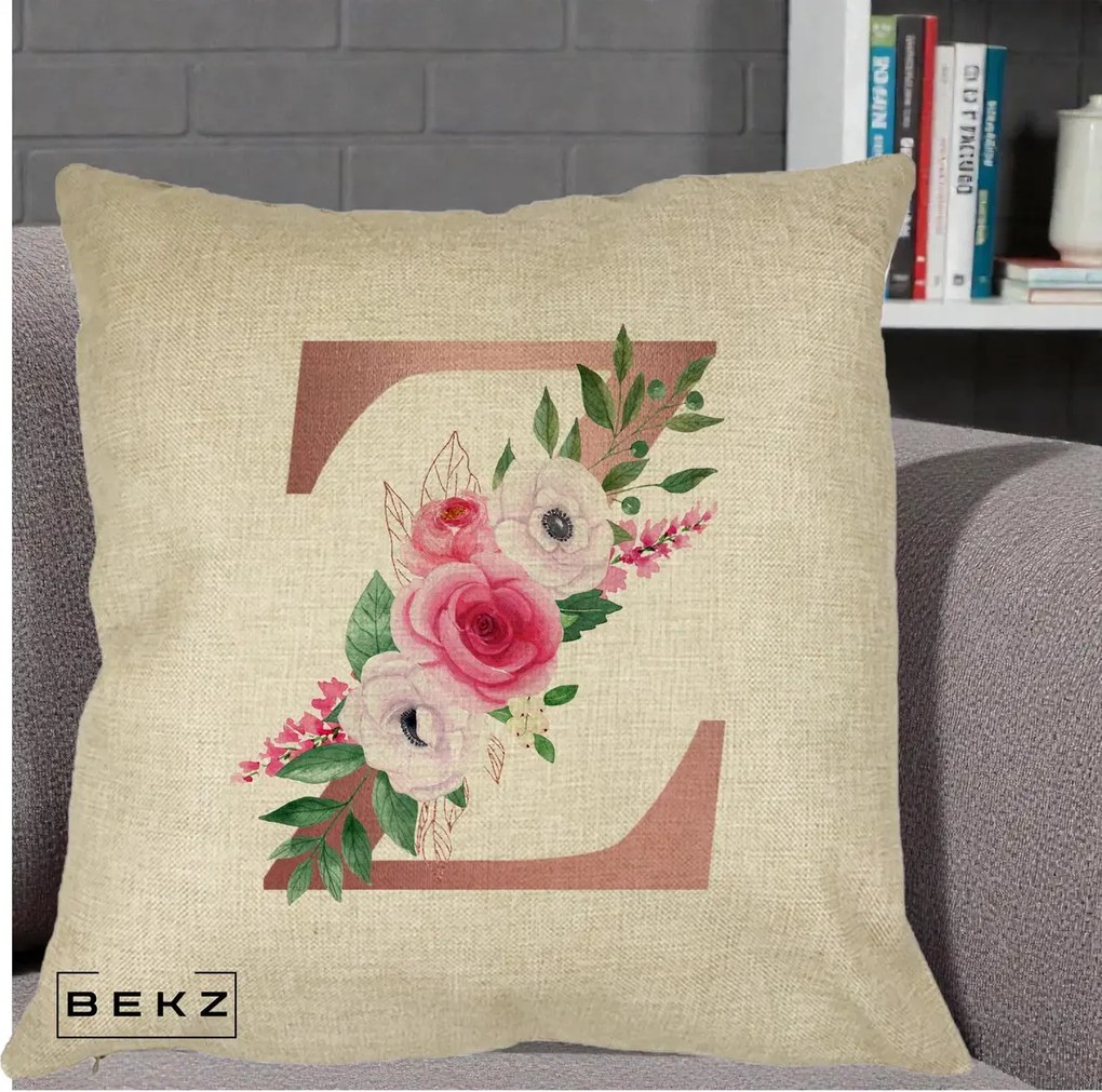 Cadou Personalizat - Perna Personalizata Monograma Rose Gold Litera Z, 40x40 cm, Crem, Husa Detasabila, Perna Inclusa, BEKZ®
