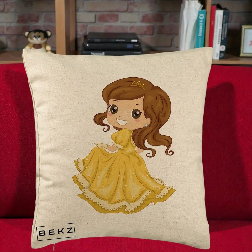 Perna Decorativa Printesa Bella Rochie Aurie, 40x40 cm, Bej, Husa Detasabila, Perna Inclusa, BEKZ®