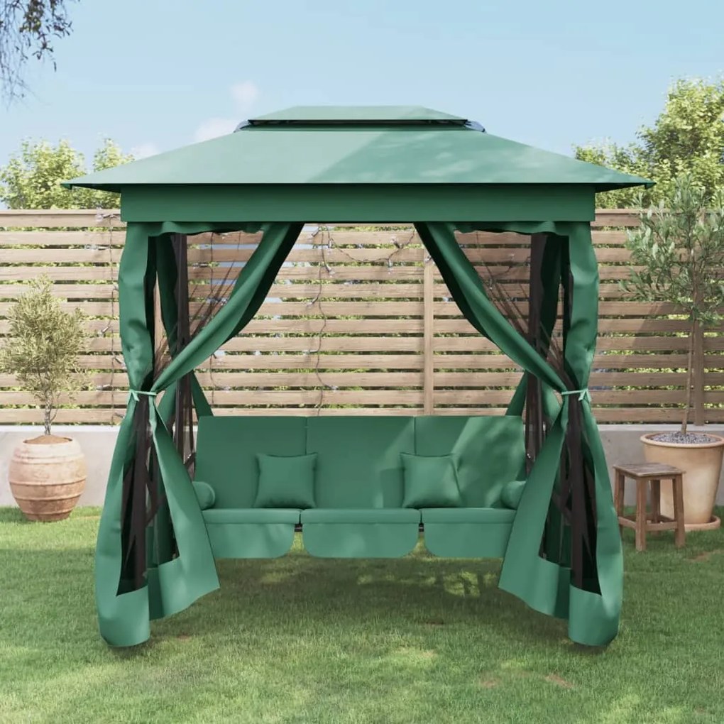 Balansoar extensibil cu pavilion Pavilion de gradina & balansoar convertibil verde textil & otel
