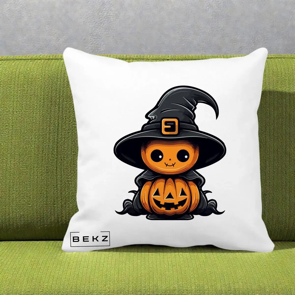 Perna Decorativa Halloween Dovleac Vrajitor Kawaii, 40x40 cm, Alba Mata, Husa Detasabila, Perna Inclusa, BEKZ®
