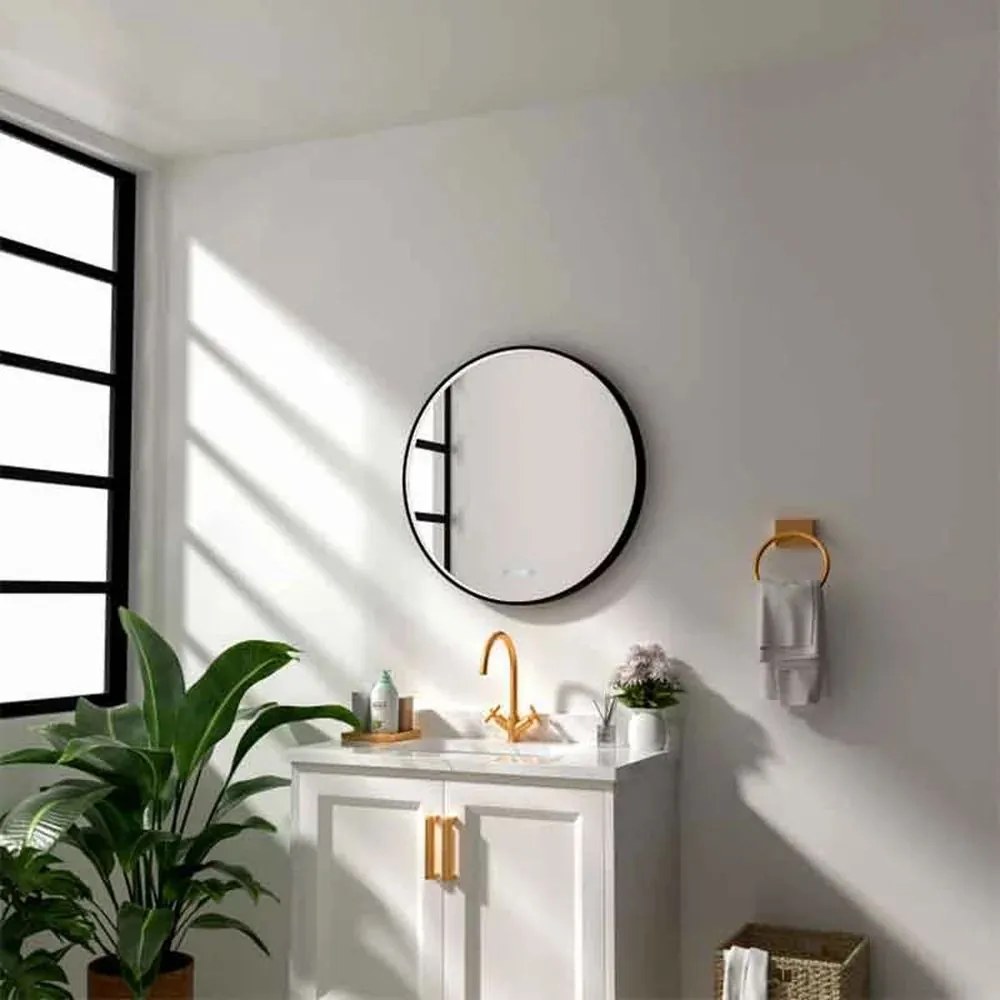 Oglinda cu iluminare si dezaburire Fluminia Aster cu afisare ora 80 cm finisaj negru mat