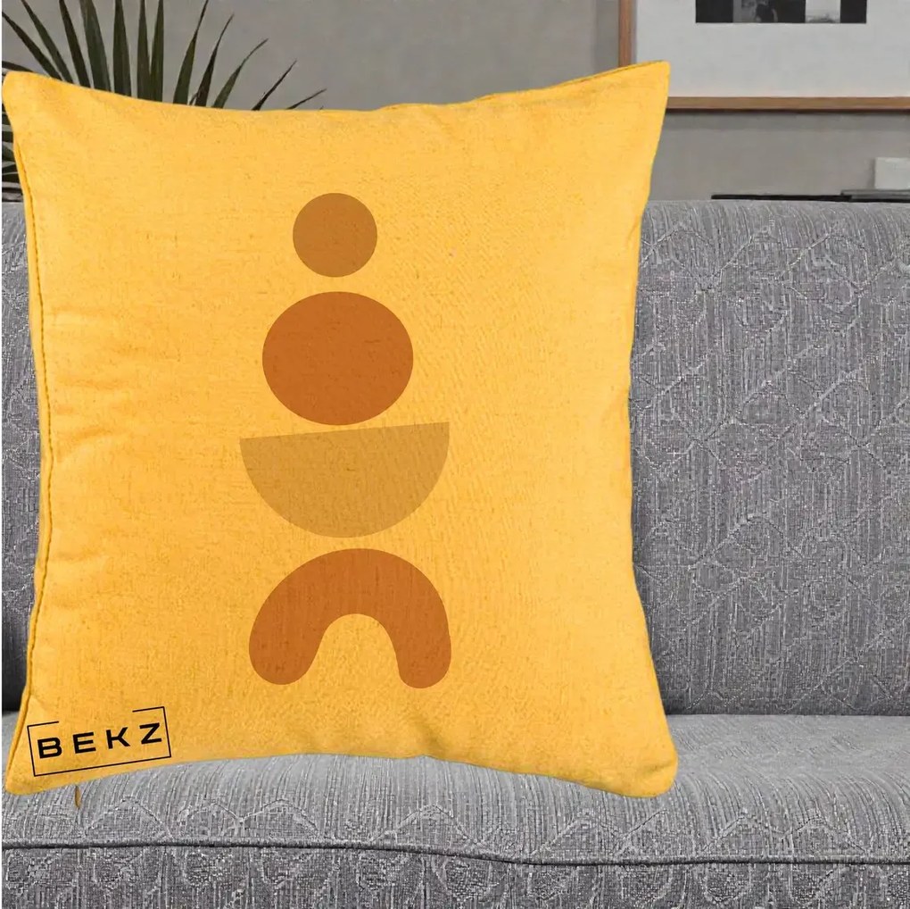 Perna Decorativa Geometric Boho Cercuri si Arc, 40x40 cm, Galben, Husa Detasabila, Perna Inclusa, BEKZ®