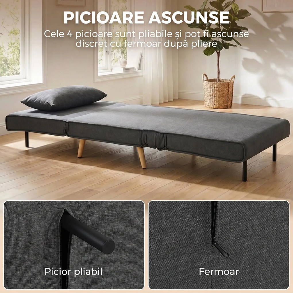 HOMCOM Fotoliu Extensibil 3 în 1 cu Spătar Reglabil pe 3 Niveluri și Pernă, Material Textil cu Aspect de In, Gri | Aosom Romania