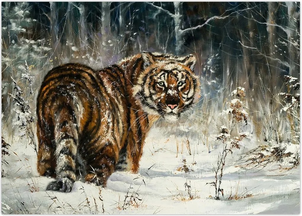 Tablou - Tigru într-o pădure înzăpezită, pictură în ulei (70x50 cm)
