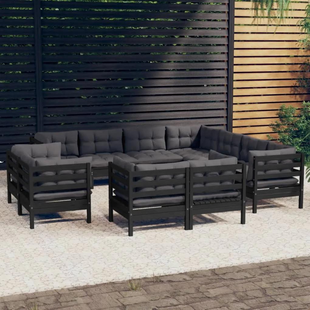 3096939 vidaXL Set mobilier grădină cu perne, 11 piese, negru, lemn masiv pin