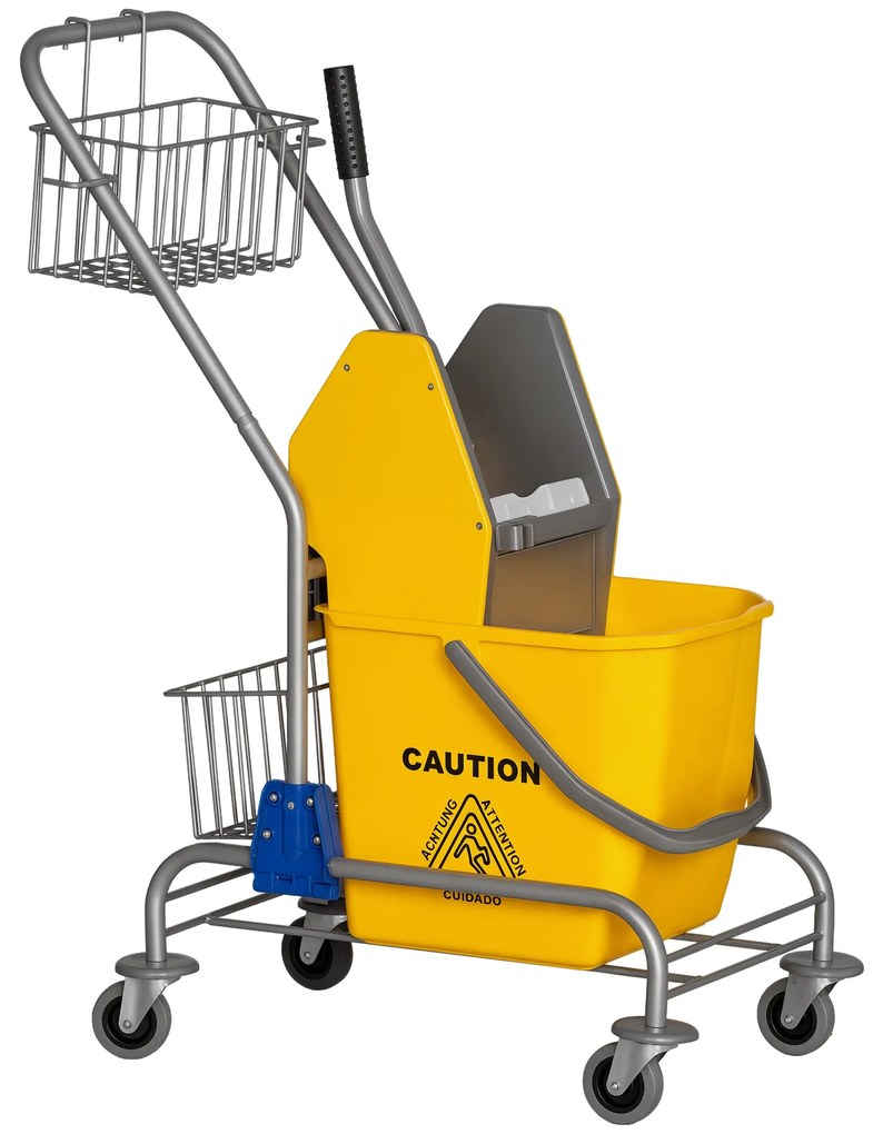 HOMCOM Cărucior de curățare cărucior de menaj profesional presă seau 26 L + coș de depozitare galben | Aosom Romania