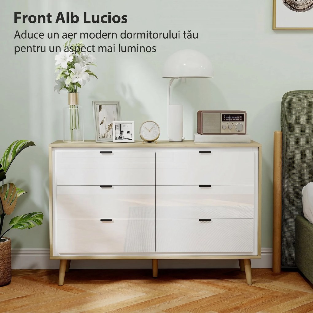 HOMCOM Comodă cu 6 Sertare din Lemn 110x40x75 cm Alb Lucios și Stejar | Aosom Romania