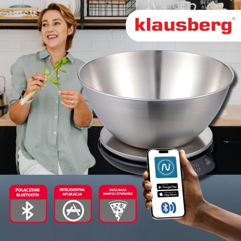 Cantar de bucatarie cu bol Klausberg KB 7939, 5 Kg, Bluetooth, Aplicatie mobila, LED, Tare, Lichide, 4 valori nutritive, Inox