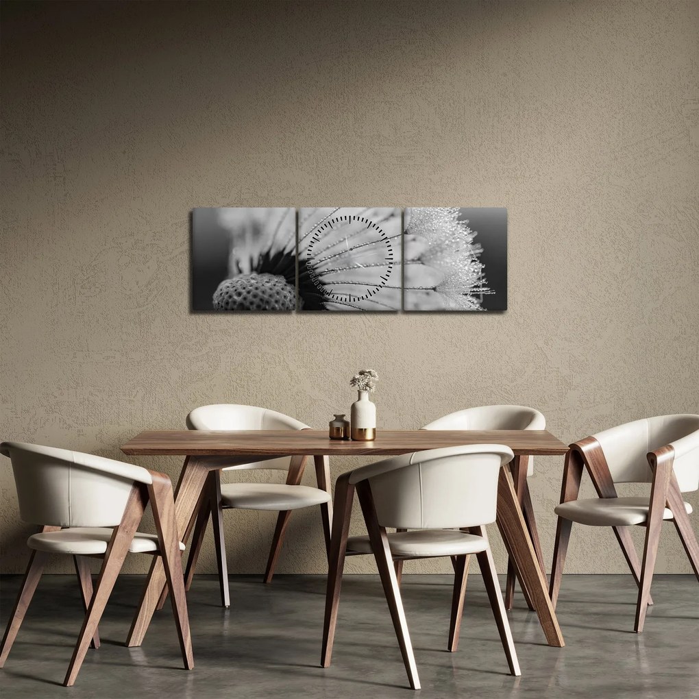 Tablou cu păpădie - albnegru (cu ceas) (90x30 cm)