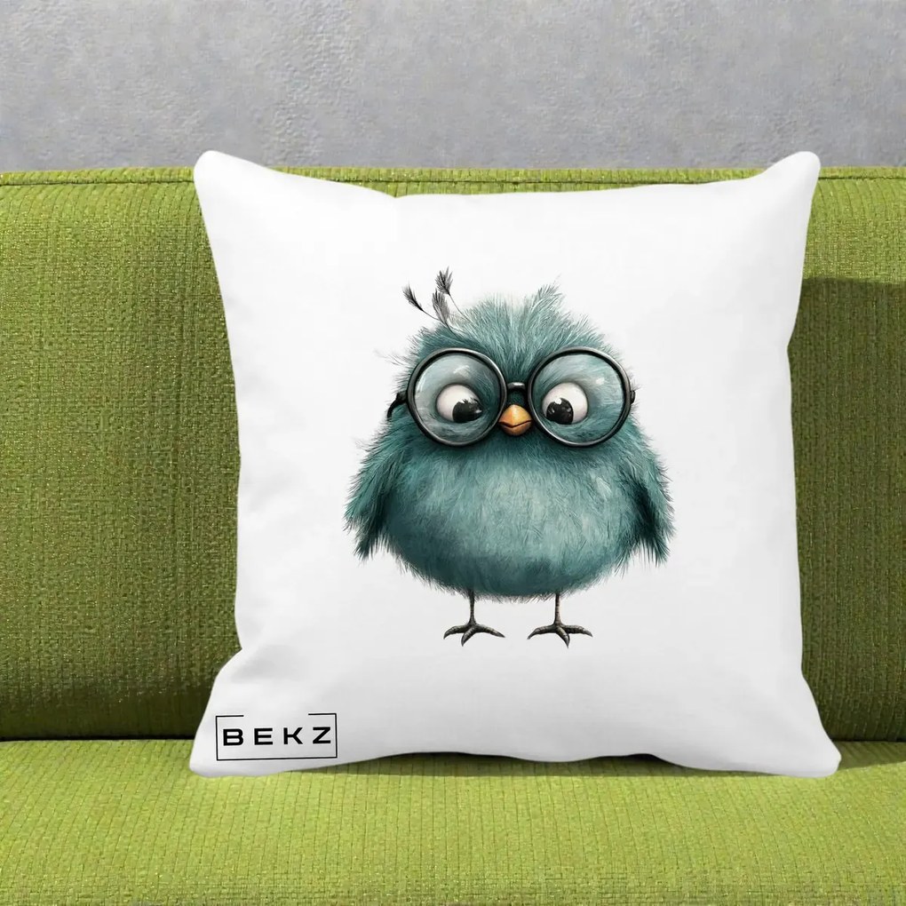 Perna Decorativa Pui Teal cu Ochelari Rotunzi, 40x40 cm, Alba Mata, Husa Detasabila, Perna Inclusa, BEKZ®