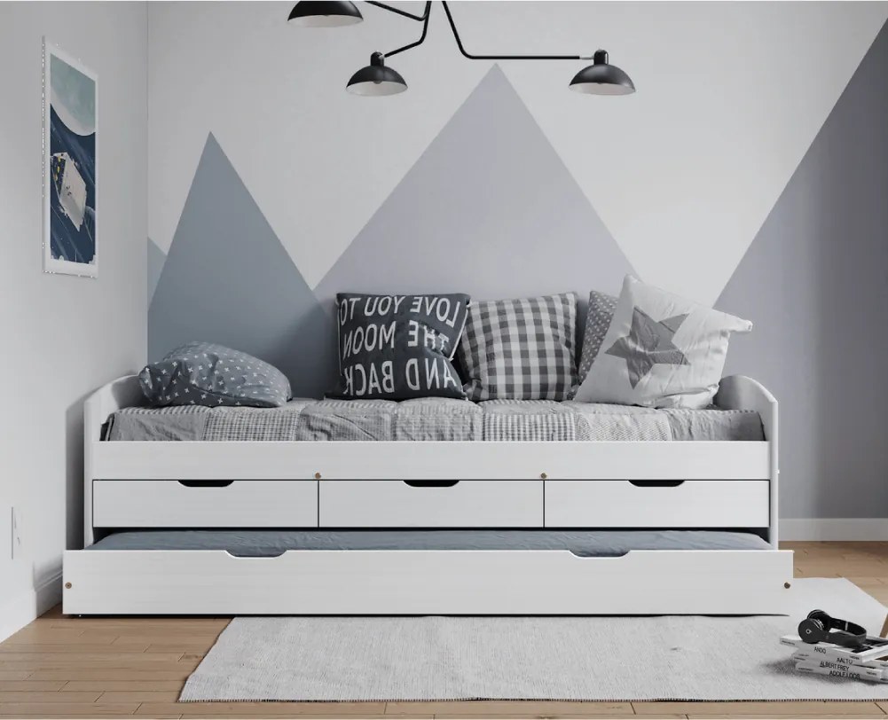 Pat cu pat suplimentar extensibil, alb, lemn masiv, 90x200, MARINELLA NEW
